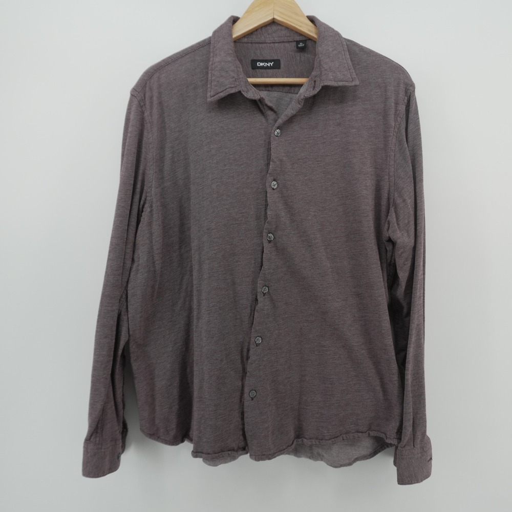 DKNY Button Down Shirt Mens XL Plum Heathered Long Sleeve Jersey Knit - Picture 2 of 6
